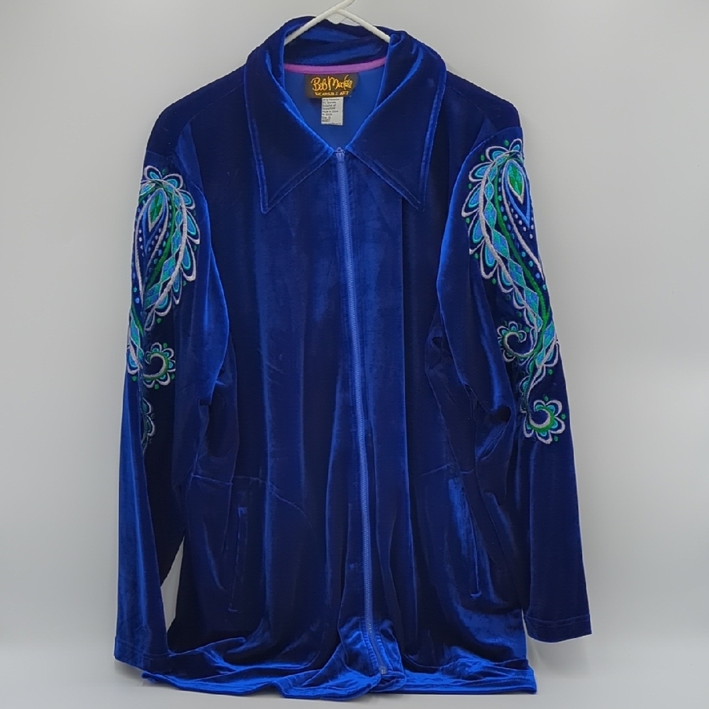Bob Mackie Wearable Art Velvet Jacket Women's 1X Embroidered Zip Up Paisley